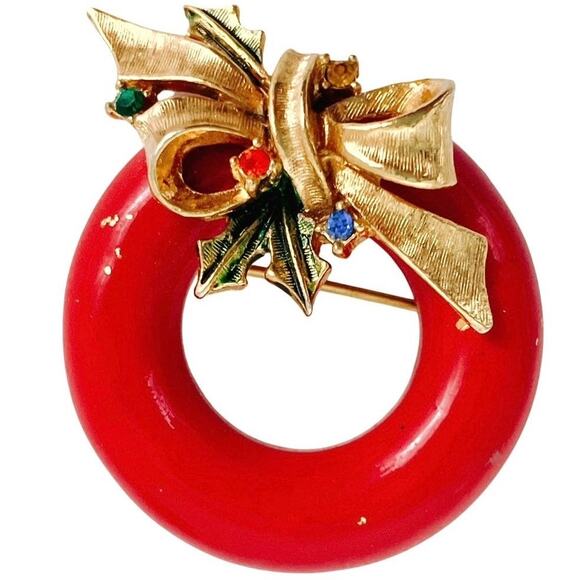 VTG Signed ART 60s Brooch Christmas Wreath Enamel Rhinestone Pin Nostalgic Retro - Picture 1 of 11